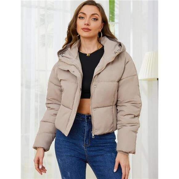 Womens Cropped Puffer Jacket Hooded Zip Up Khaki - Picture 3 of 6